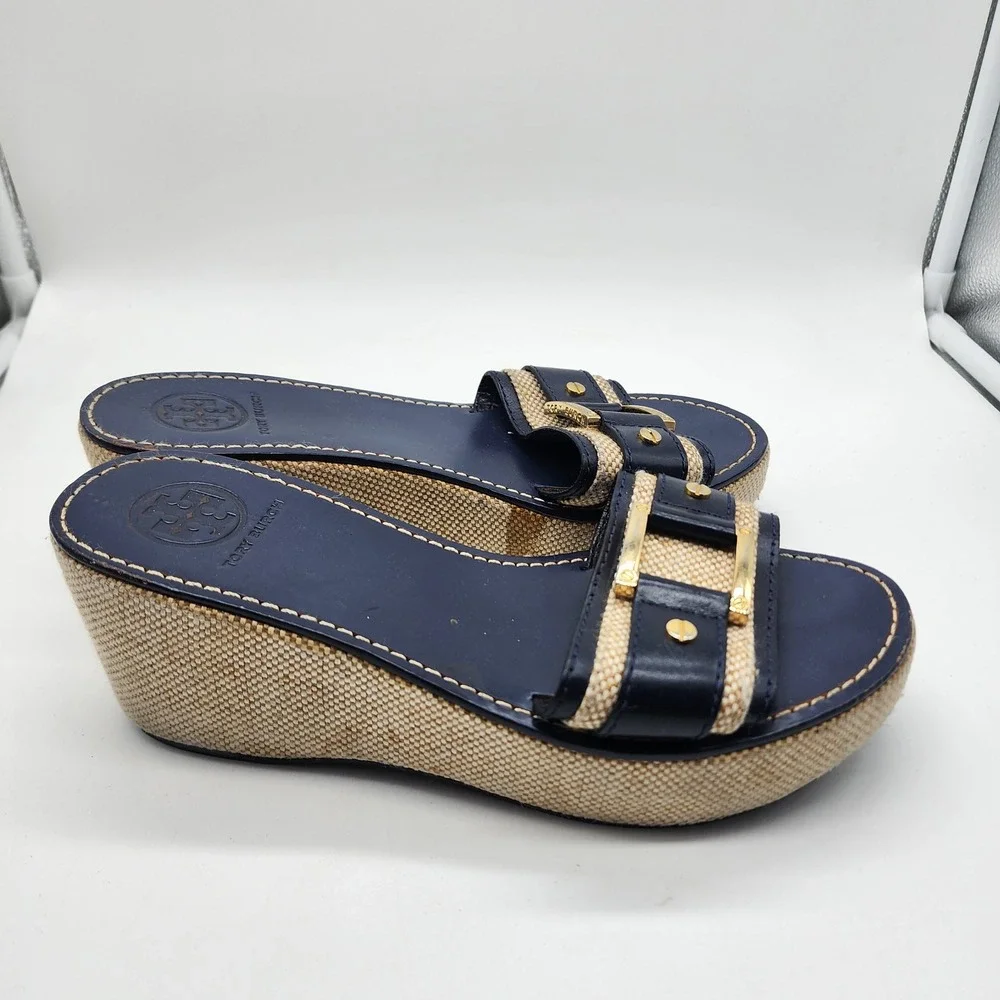 Tory Burch Wedge Slide Sandals Women 7M Navy Blue Leather Canvas Gold Hardware